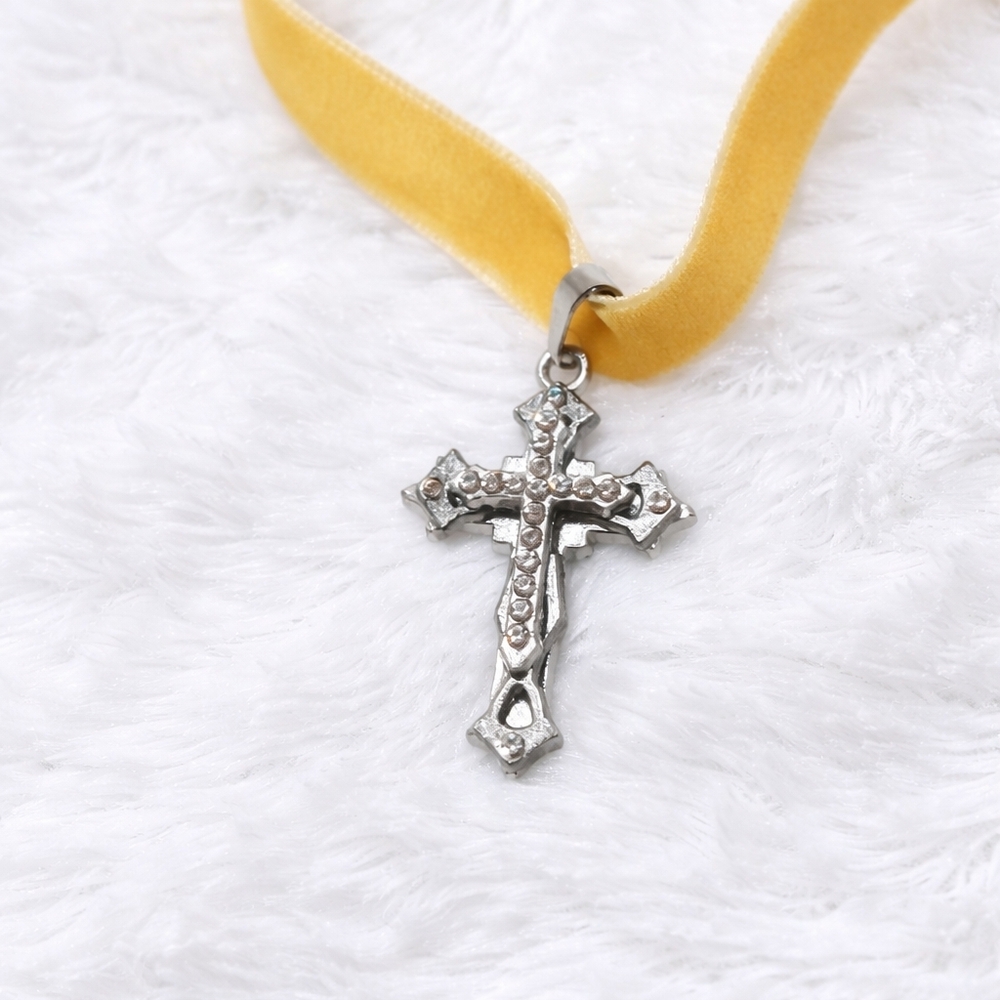 Yellow Velvet Gothic Cross Choker Necklace